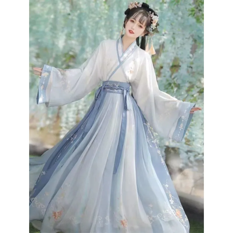 

Женская двубортная блузка и юбка Hanfu в китайском стиле в стиле династии Цзинь, комплект из трех предметов