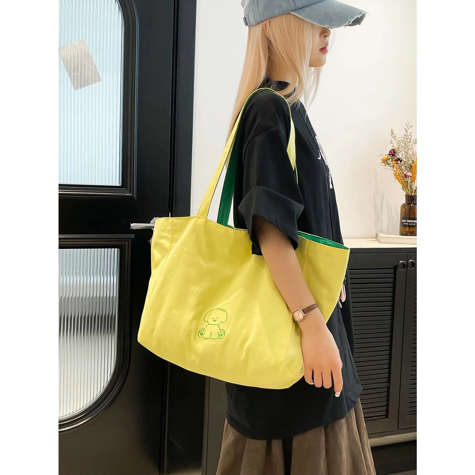 

Embroidered letter double-sided backpack tote bag for women 2025 new versatile color cloth bag commuting large capacity shoulder