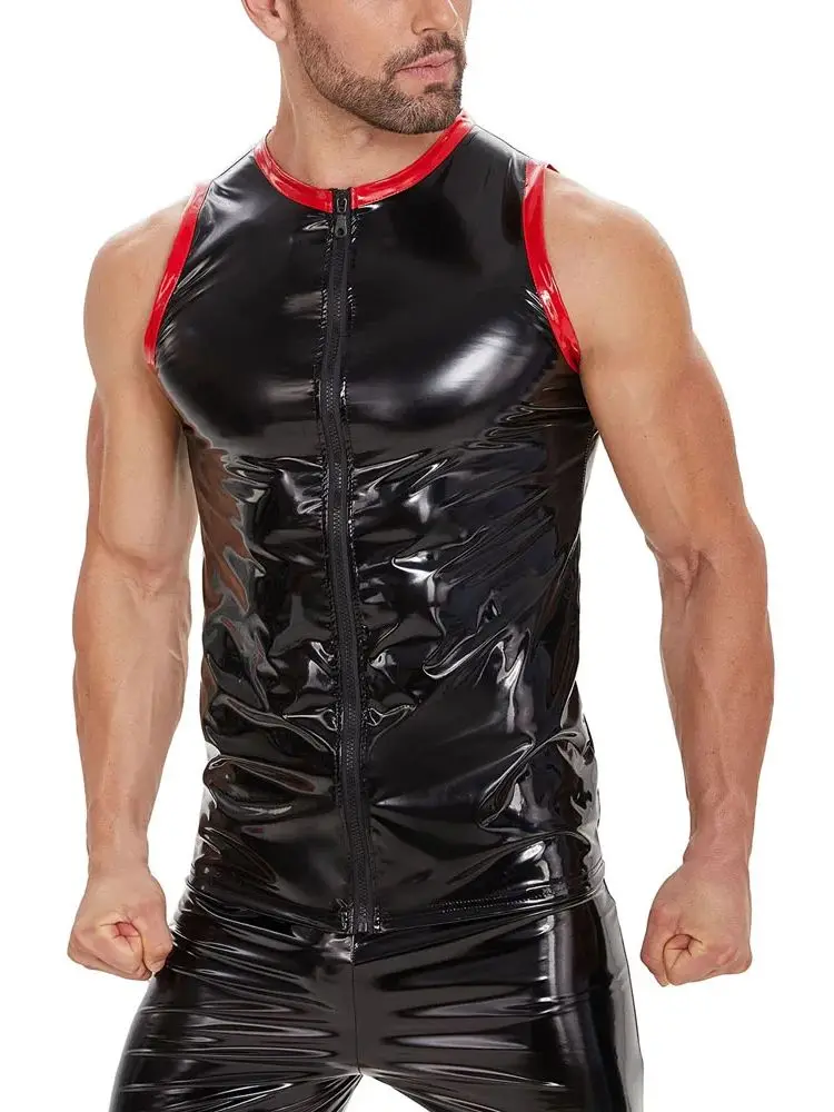 S-7XL Wet Look PVC Tank Top Men Sleeveless Musculation Bodybuilding Shiny PU Leather Tights Gym Fitness Muscle Shirt Vest Body