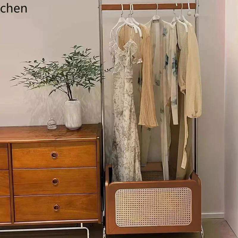 W5.19 Household Floor-standing Solid Wood Coat Rack with Wheels, Multi-functional Storage Rack for Bedroom