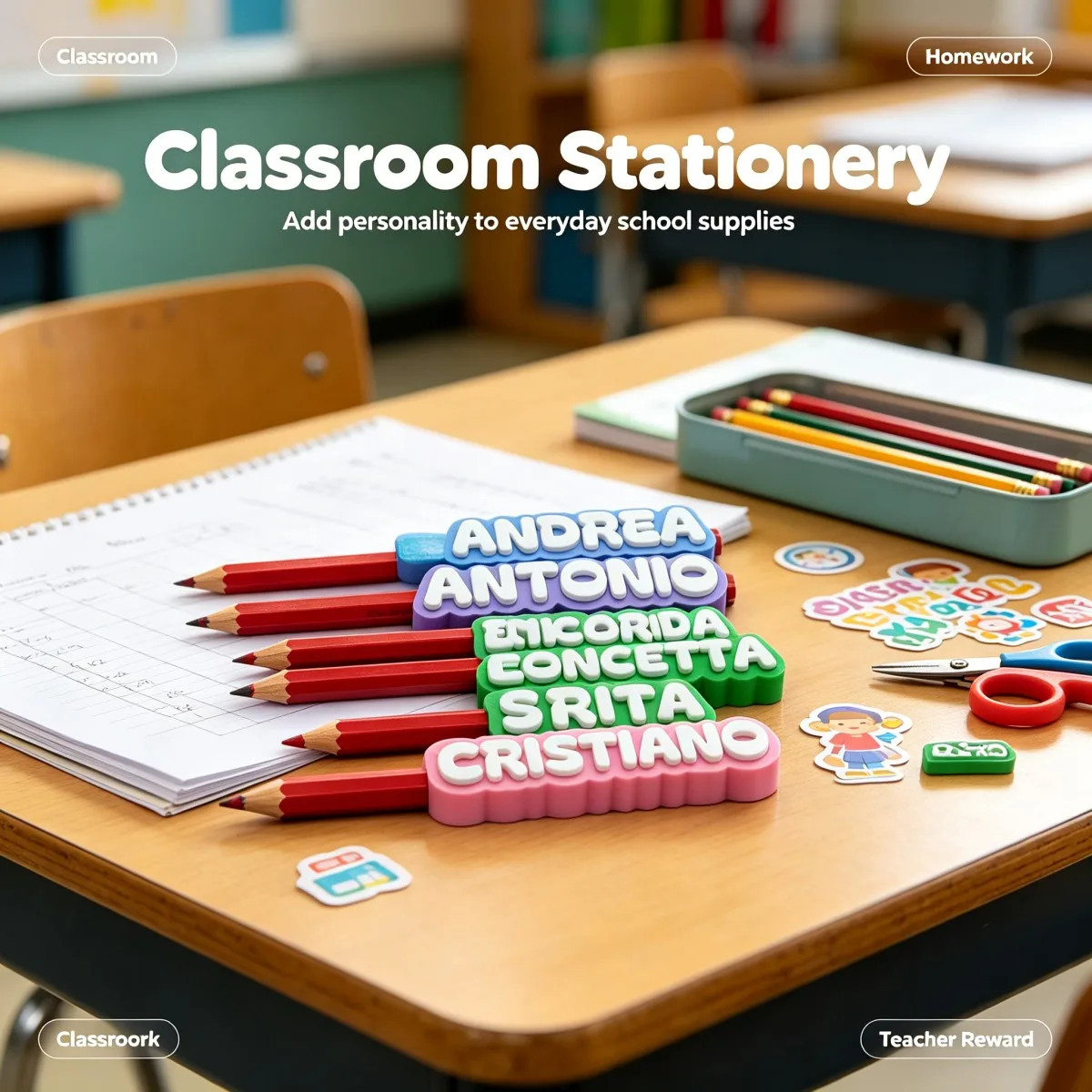 Custom 3D Print Pencil Topper Name Tags,Raised Letter Pencil Toppers & Removable Labels for Standard Pencils Back to School Gift