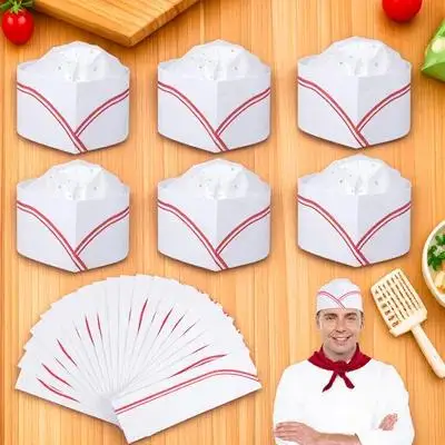 Chapeau de Chef léger et réglable, 20 pièces, trous d'air, bouchons de cuisine en papier jetables, uniforme de cuisine de Restaurant pliable pour hommes
