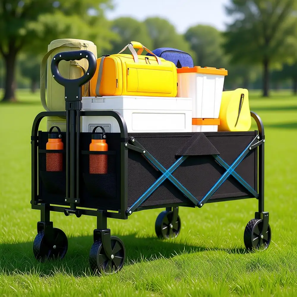 

Heavy Duty Collapsible Wagon, 5 All-Terrain Wheels & Drink Holders for Beach Camping Grocery