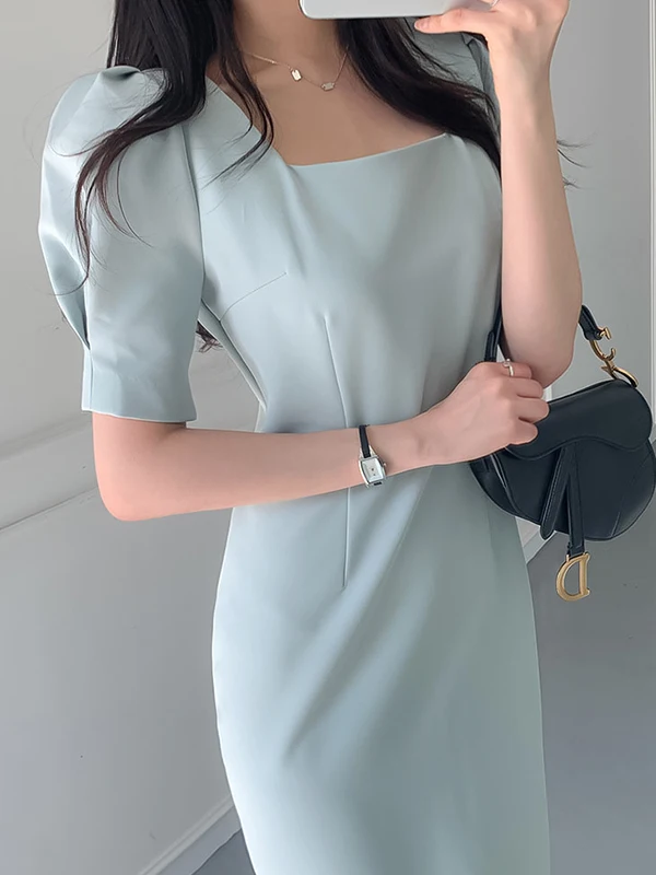 Ele coréen Sle femmes Dr col carré moulante bulle Sve jupe longue taille haute minceur été Dr