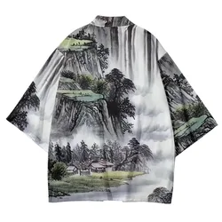 Fashion Kimono Haori Yukata Streetwear Kimono Unisex Tops Landscape Print Robe Beach Bathrobe Cosplay Japanese Harajuku Clothes