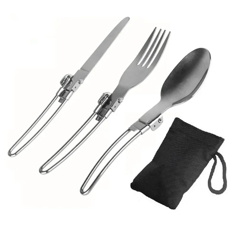 Set di utensili per uso esterno Set di posate 16,9 cm Set di posate da campeggio Set di utensili Forchetta cucchiaio pieghevole in argento con borsa