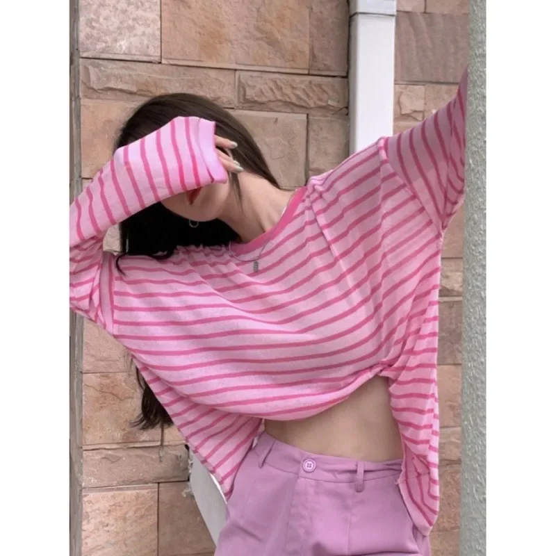 Hoodie Sunscreen T-shirt Women's Summer Ice Silk Thin Knitted Shirt Loose Pink Striped Long Sleeve Top Female Clothing