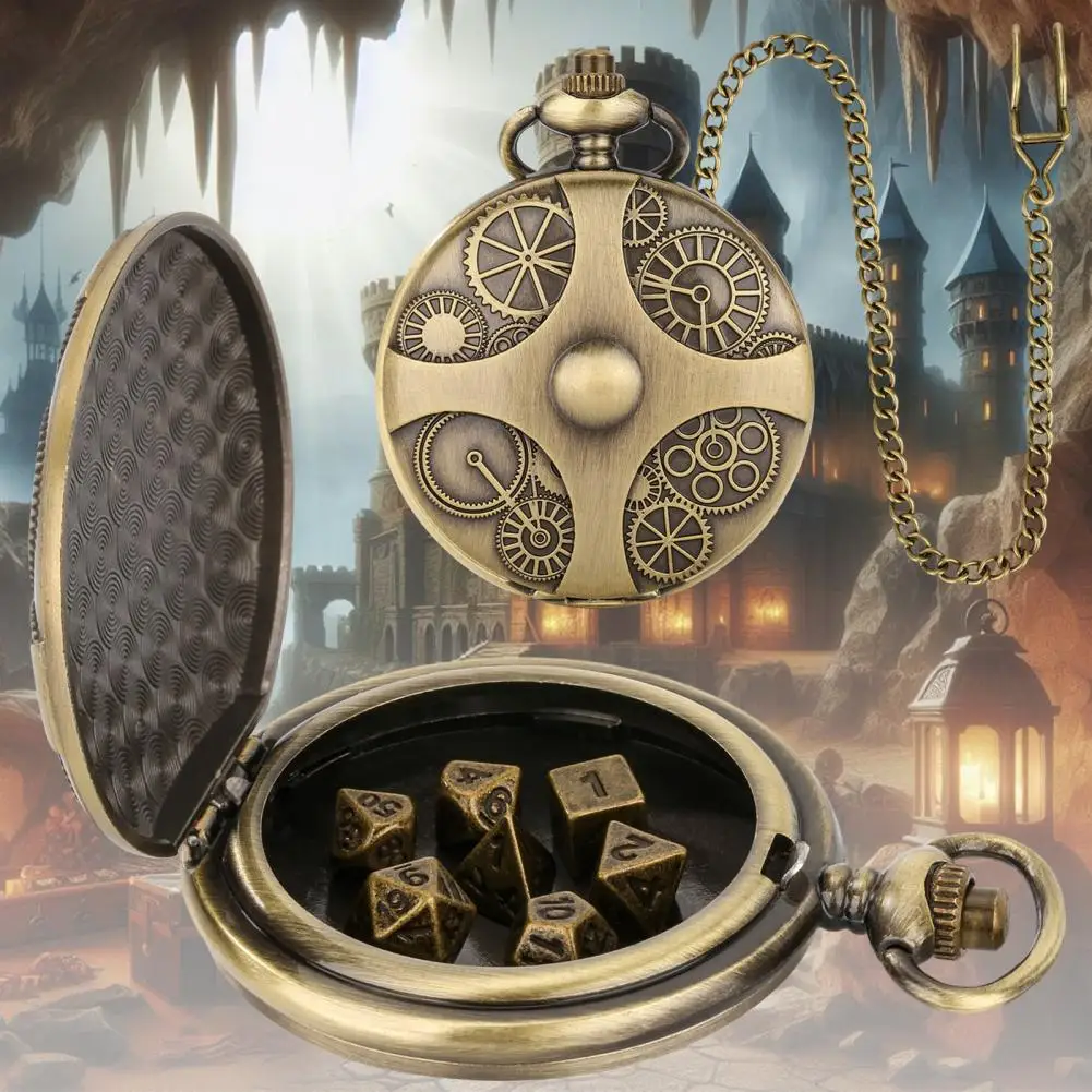 Mini DND Dice Set Steampunk Pocket Watch Dice Set Metal D&D Dice Role Playing Board Games Accessories for Tabletop Adventures