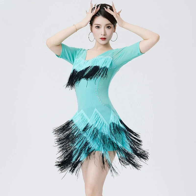 جديد اللاتينية ملابس رقص الساخن الماس الرقص المنافسة أداء زي التغيير التدريجي مهدب فستان المرأة #2