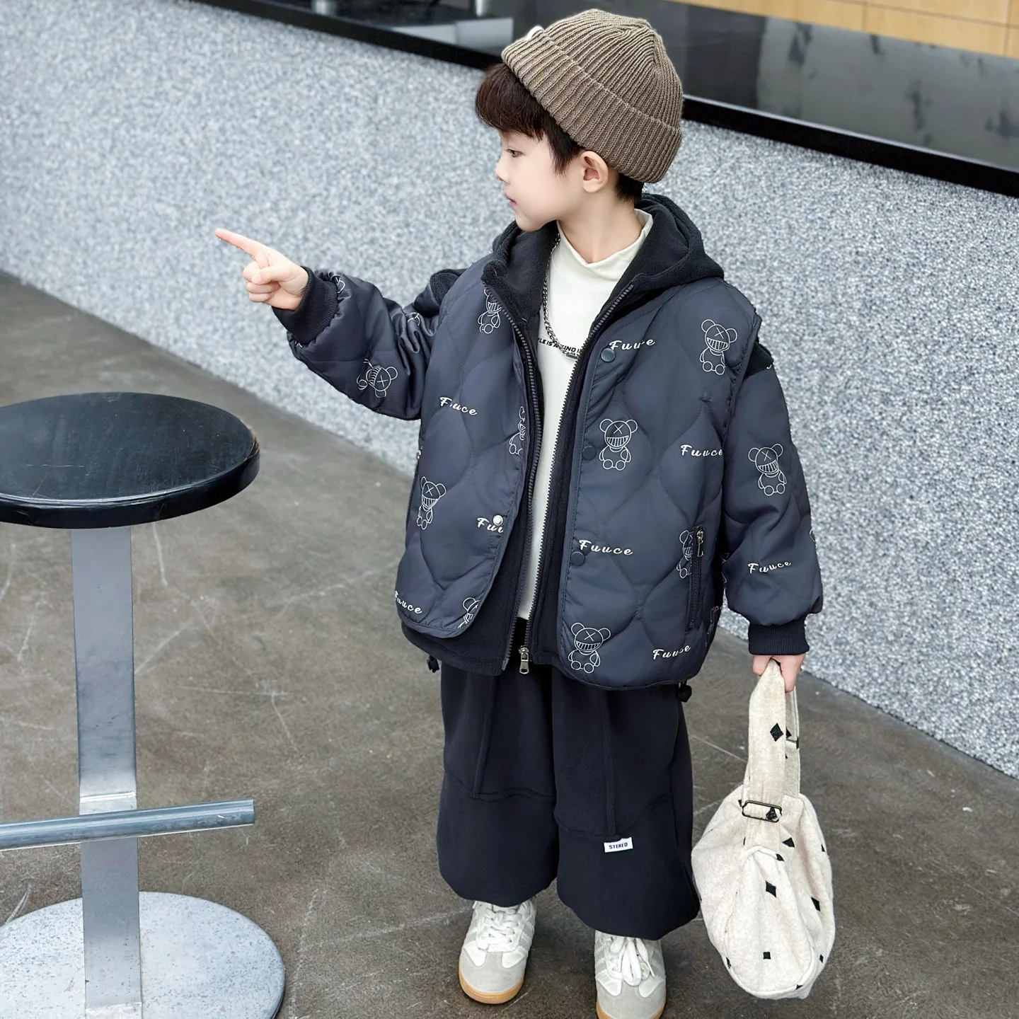 

Boys Fce Lined Thiened Vest Tee Piece Set Autumn Winter Faionable Cute Baby Cotton Clothes Long Sve Jaet Pants