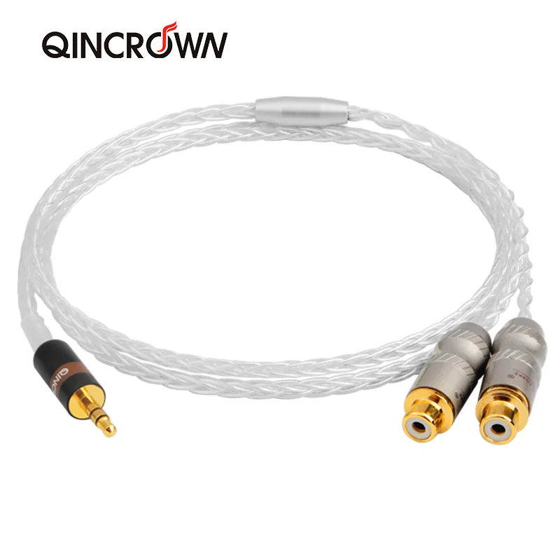 QINCROWN 3.5mm to 2RCA Female Audio Cable 1 to 2 jack HiFi Single Crystal Silver Power Amplifier Sound Mixer extension Cable
