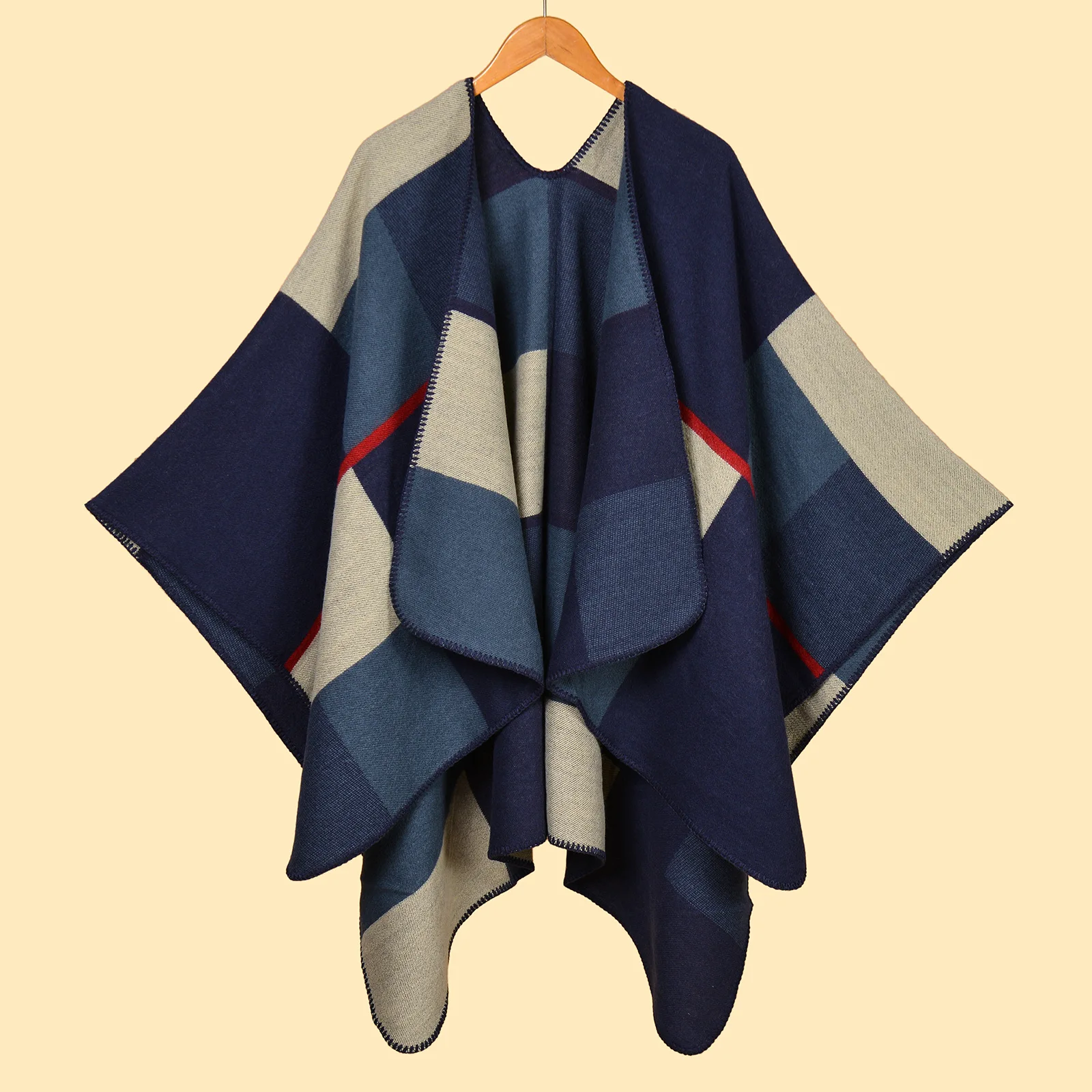 Jiangnan Watertown Shawl, Artistic Painting Print Scarf, Faux Cashmere Knit Cape, Slit Winter Wrap