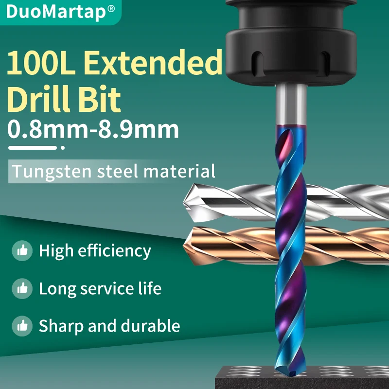 

DUOMaetap 1PCS HRC70 Solid Carbide Extra long Twist Drill Bit 0.8mm-8.9mm For Cast Iron Metal Aluminum CNC machinery Tool X100L