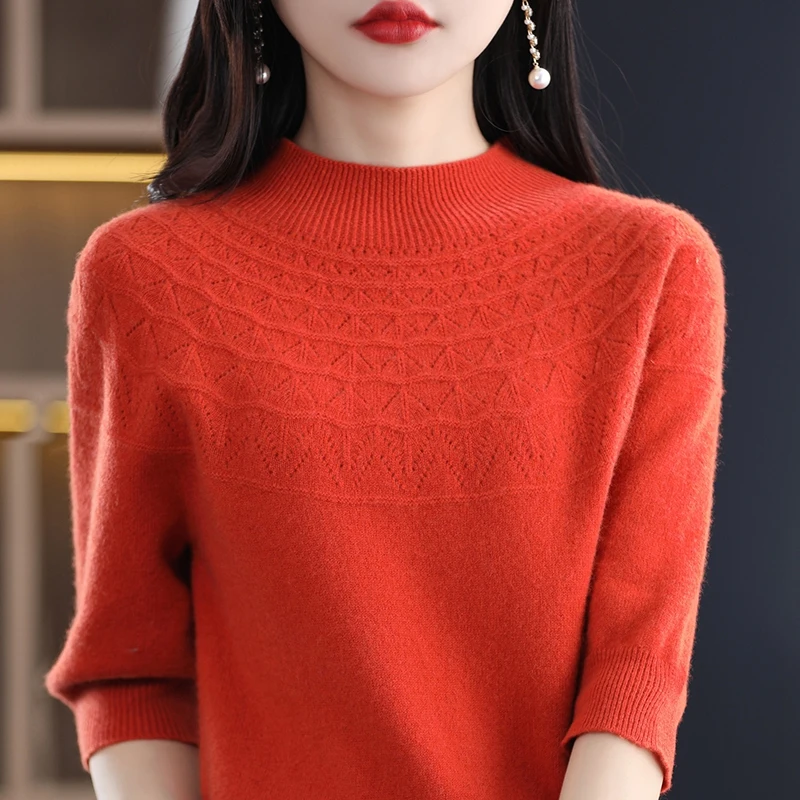 Spring And Summer First-Line Ready-To-Wear Women's Semi-High Neck Short-Sleeved Hollow Sweater Wool Knitted Bottoming Shirt