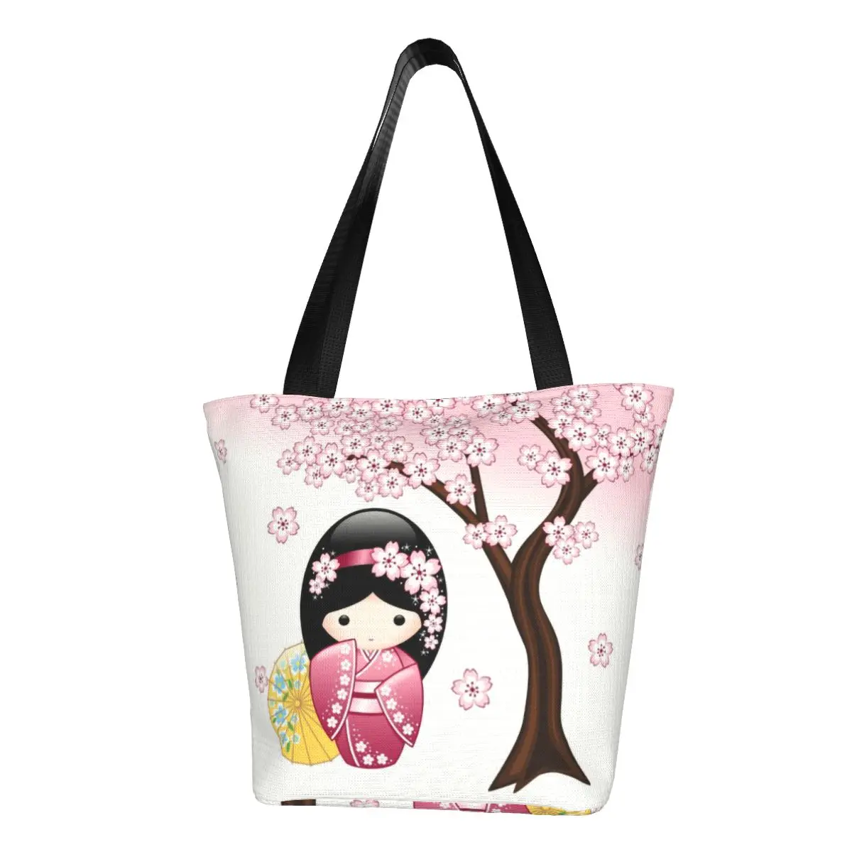 Custom Japanese Spring Kokeshi Doll Shopping Bag Women Shoulder Canvas Tote Bag Durable Sakura Cherry Groceries Shopper Bags