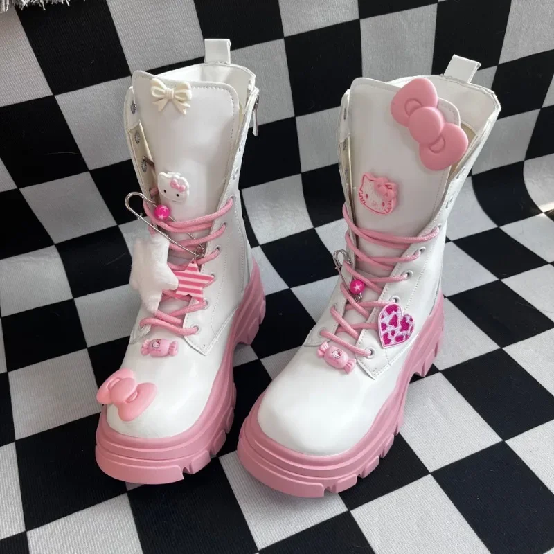 New Sanrio Cartoon Anime Hello Kitty Thick-soled Martin Boots Kawaii Winter Mid-tube Warm British Shoes Girls Holiday Gift