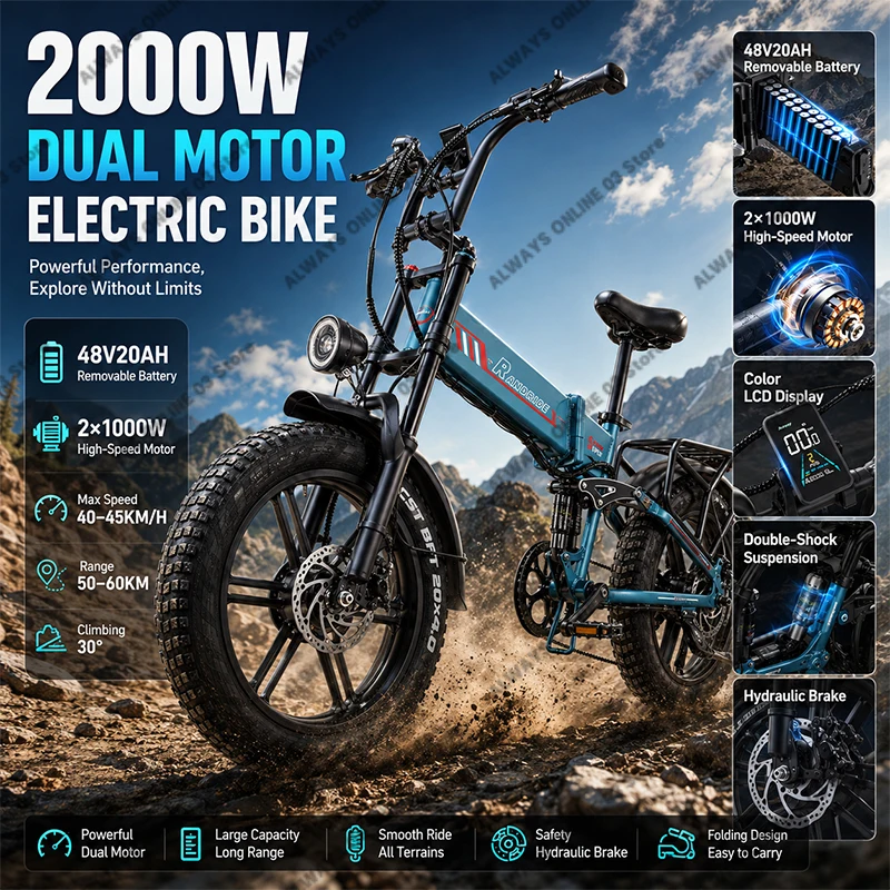 RANDRIDE Tragbares Klappbares E-Bike mit Doppelfederung YX20M-2 Doppelmotor 2000W 48V20Ah 20-Zoll-Fatbike-Mountainbike 45KM/H MAX Geschwindigkeit Hydraulische Bremse Offroad-Fahrrad