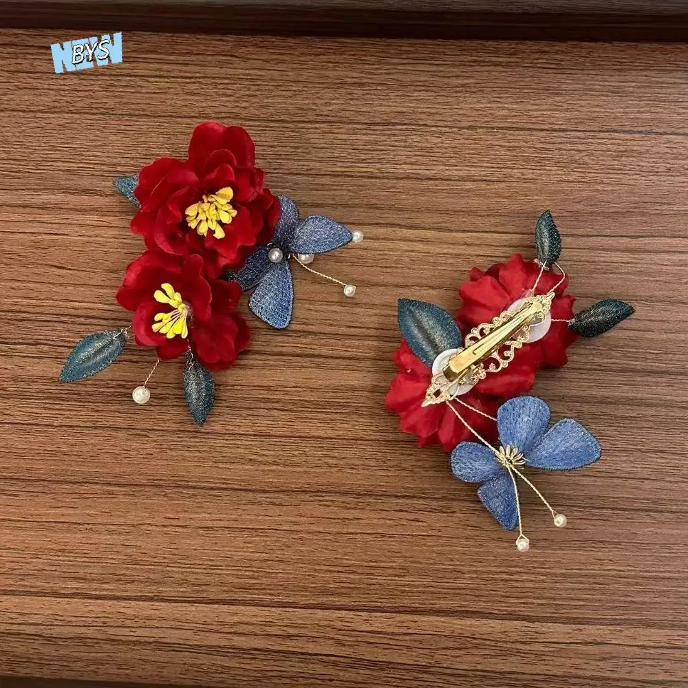 

Classical Tassel Red Flower Hair Clip Pearl New Chinese Style Wooden Hair Stick Antique Retro Hanfu Hairpin For Girl