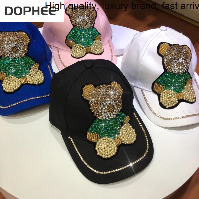 

Age Reduction Cute Hard Top Baseball Caps Trendy Sequins Beading Rhinestones Bear Peaked Cap Four Seasons Women Hats Shopping