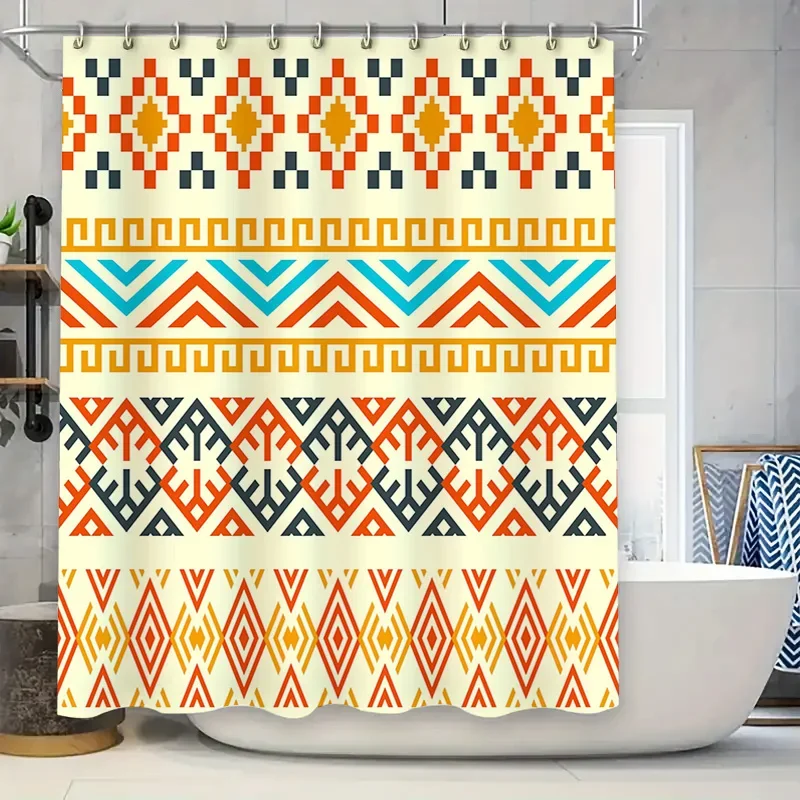 Modernes geometrisches Duschvorhang-Set, helle bunte Badematte, Dekor für Badezimmerzubehör in Orange, Blau, Gelb, Größe 180 x 234