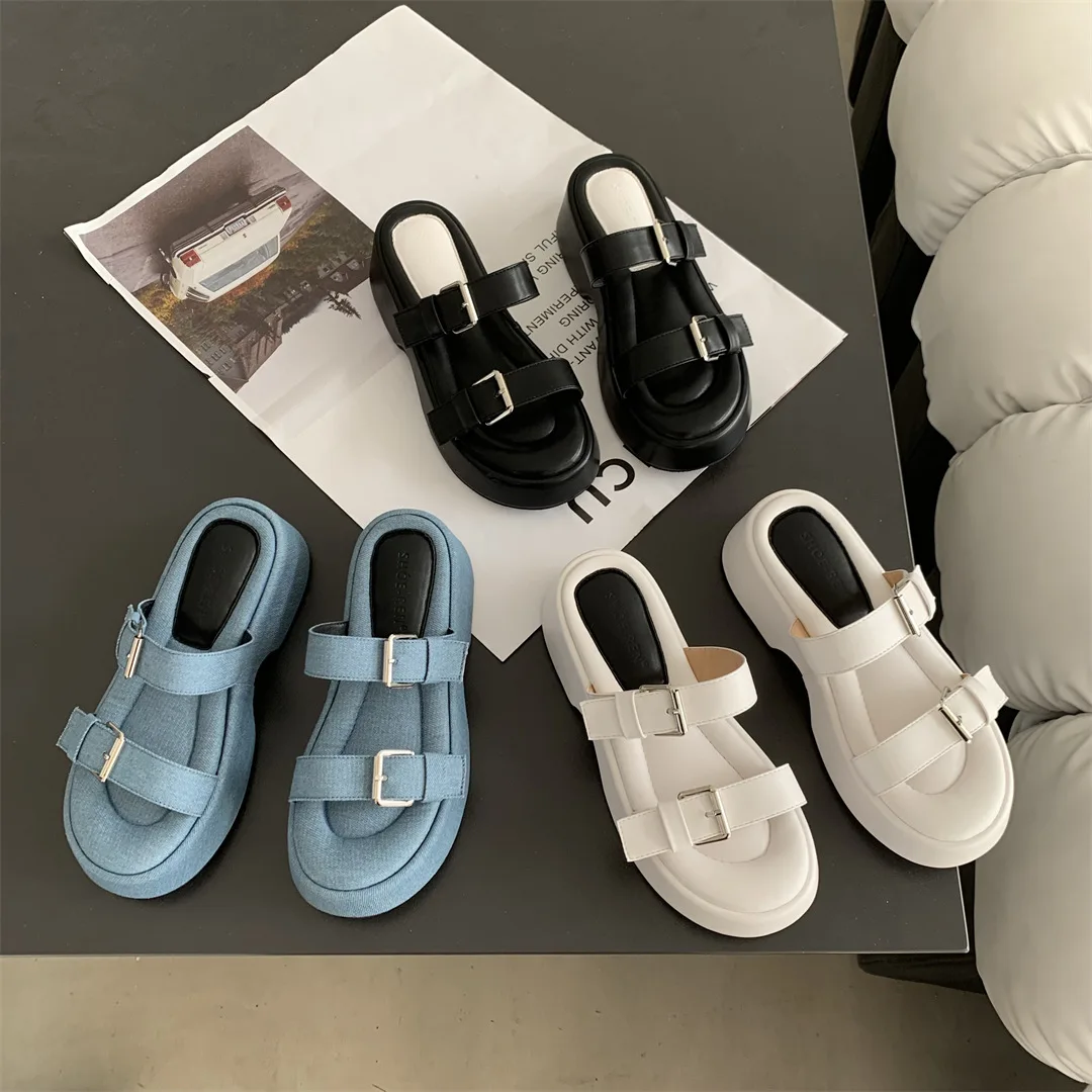 

Slippers Women Summer Low Platform Female Shoes Slides Denim 2023 Fabric Rome Basic Scandals PU Hoof Heels House Slippers Platfo