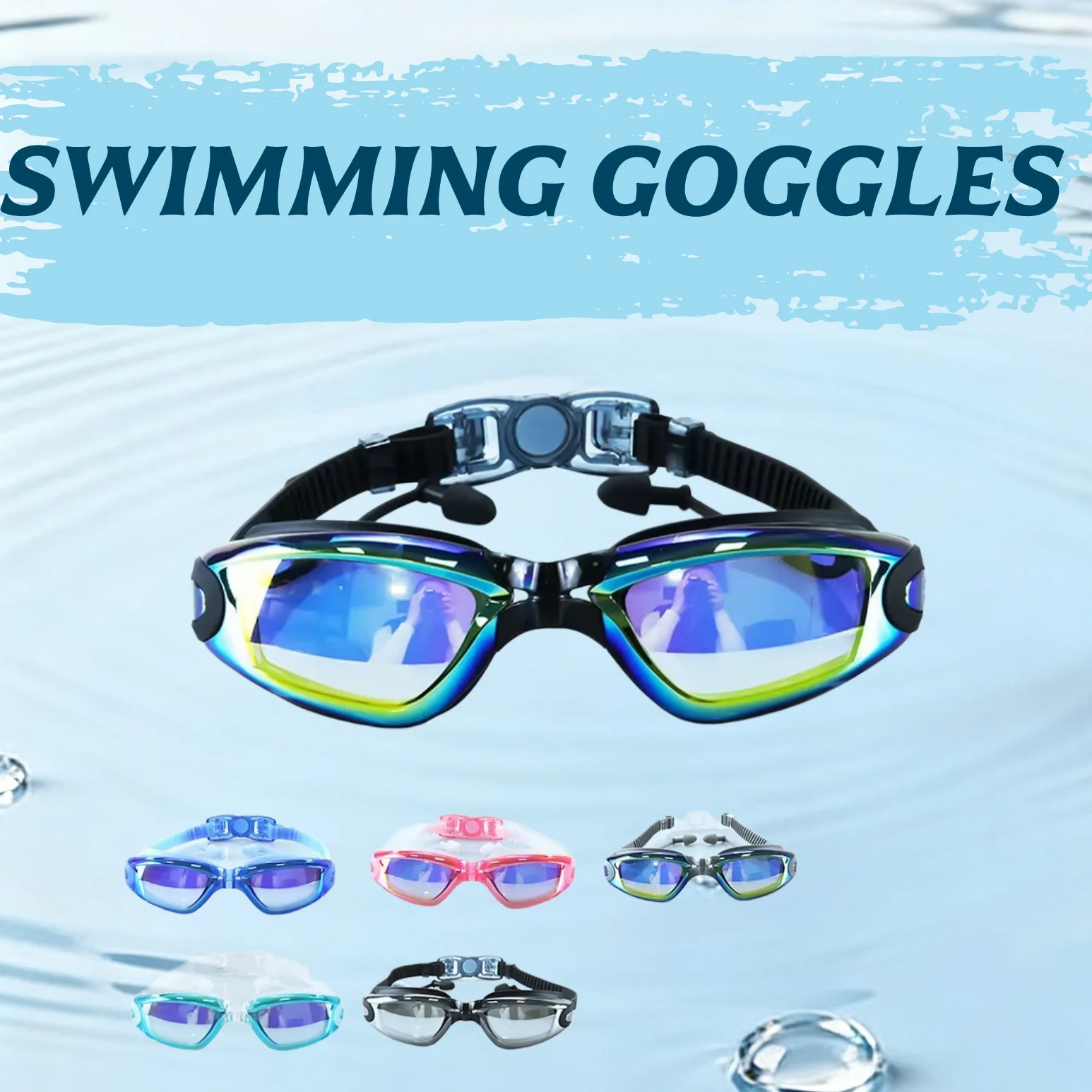 Schwimmbrille für Erwachsene, Pool-Brille, Antibeschlag, UV-Schutz, optisch, wasserdicht, für Männer und Frauen, mit Ohrstöpseln