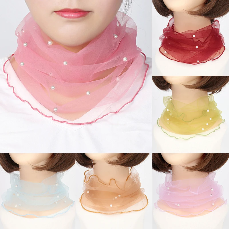 Lace Beaded Scarf Elegant Women Fashion Mesh Fake Pearl Collar Spring Summer Scarves Sun Protection Female Accessories