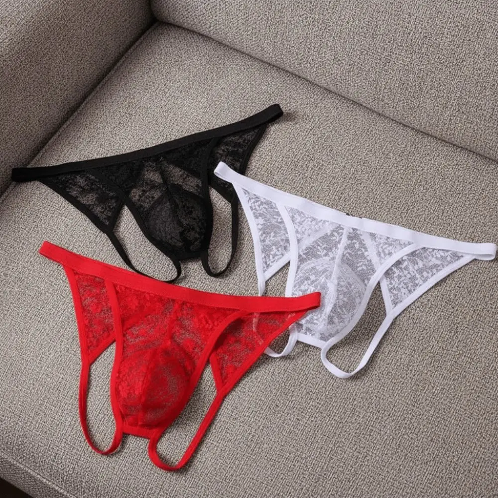 Underwear Low Waist Men's Lace Thongs Transparent Open Crotch Men's Mesh Lace Panties Lingerie T-back Male Briefs Intimate