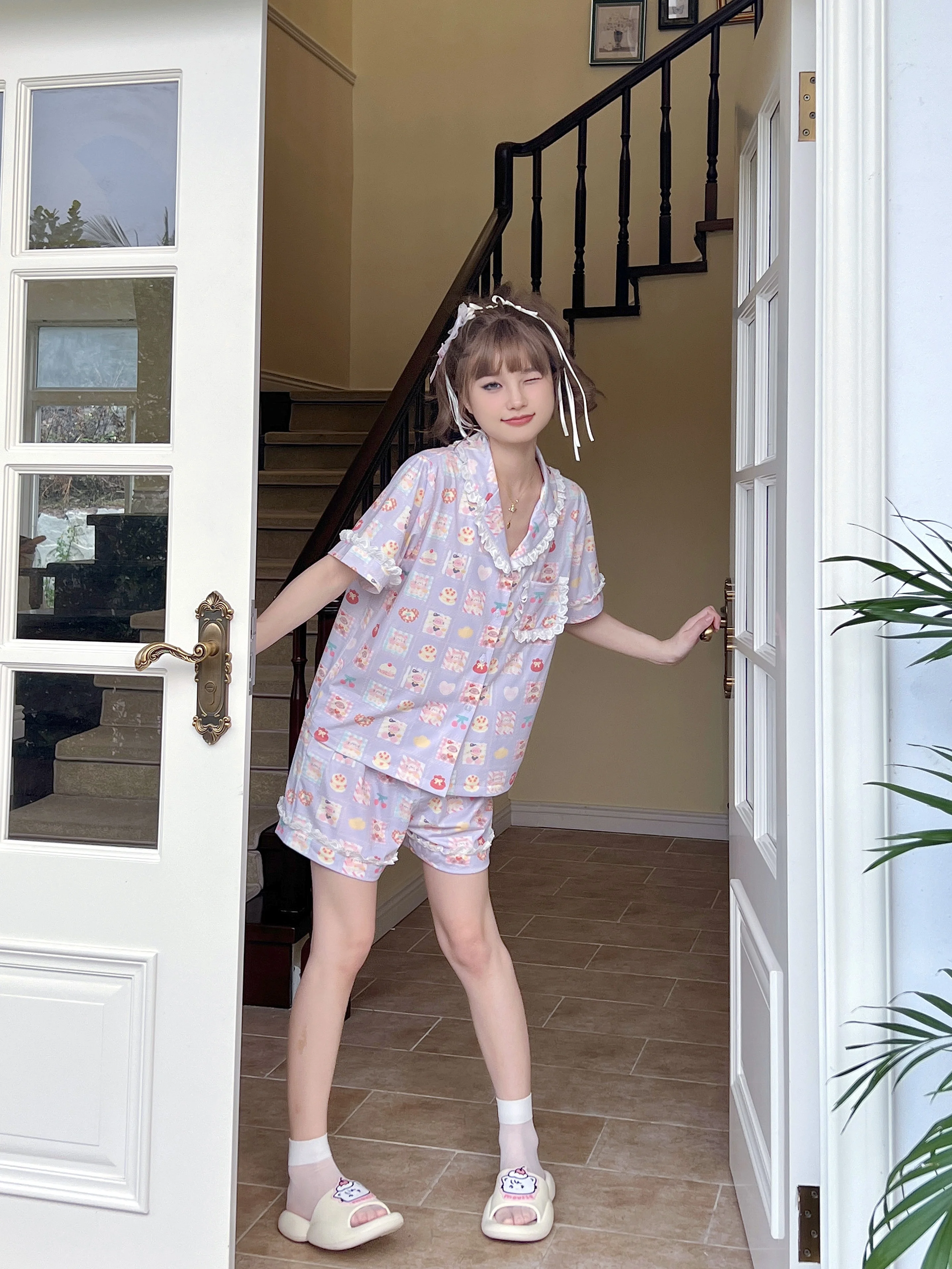 Original Japanese Ins Wind Purple Plaid Cute Short-sleeved Printed Pajamas Sweet Girl Doll Collar Modal Cotton Loungewear Set