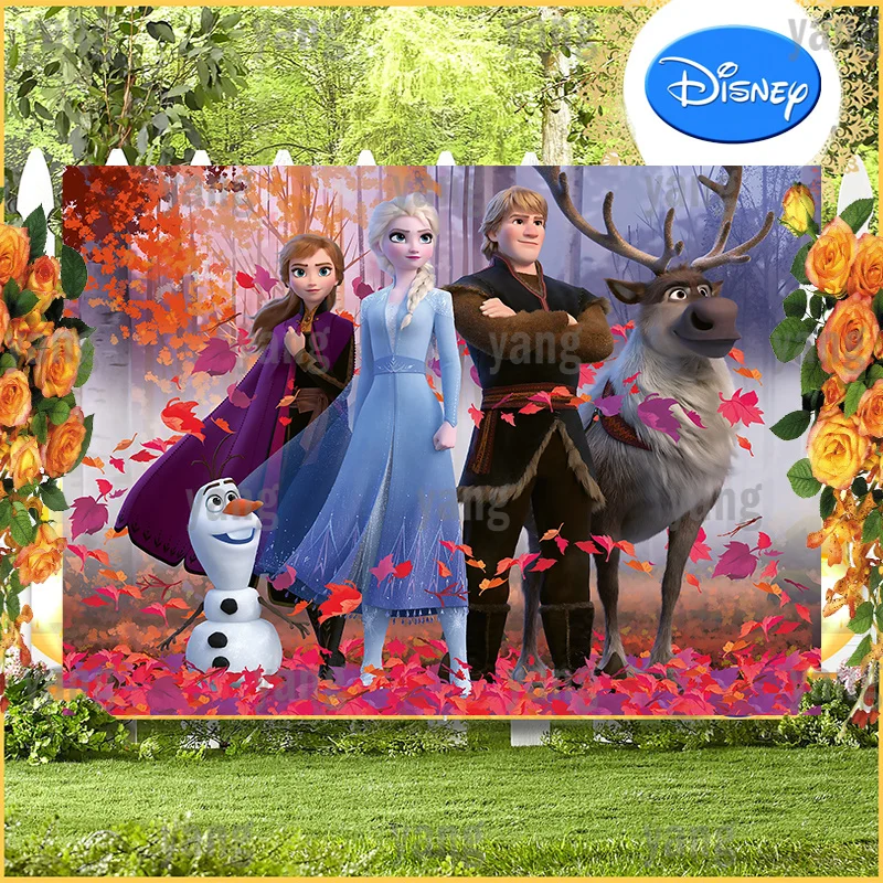 Fondo de dibujos animados de Disney para fiesta de cumpleaños, telón de fondo de dibujos animados de Sven Olaf, hojas rojas, princesa Frozen, Elsa, Anna, bosque de hielo colorido