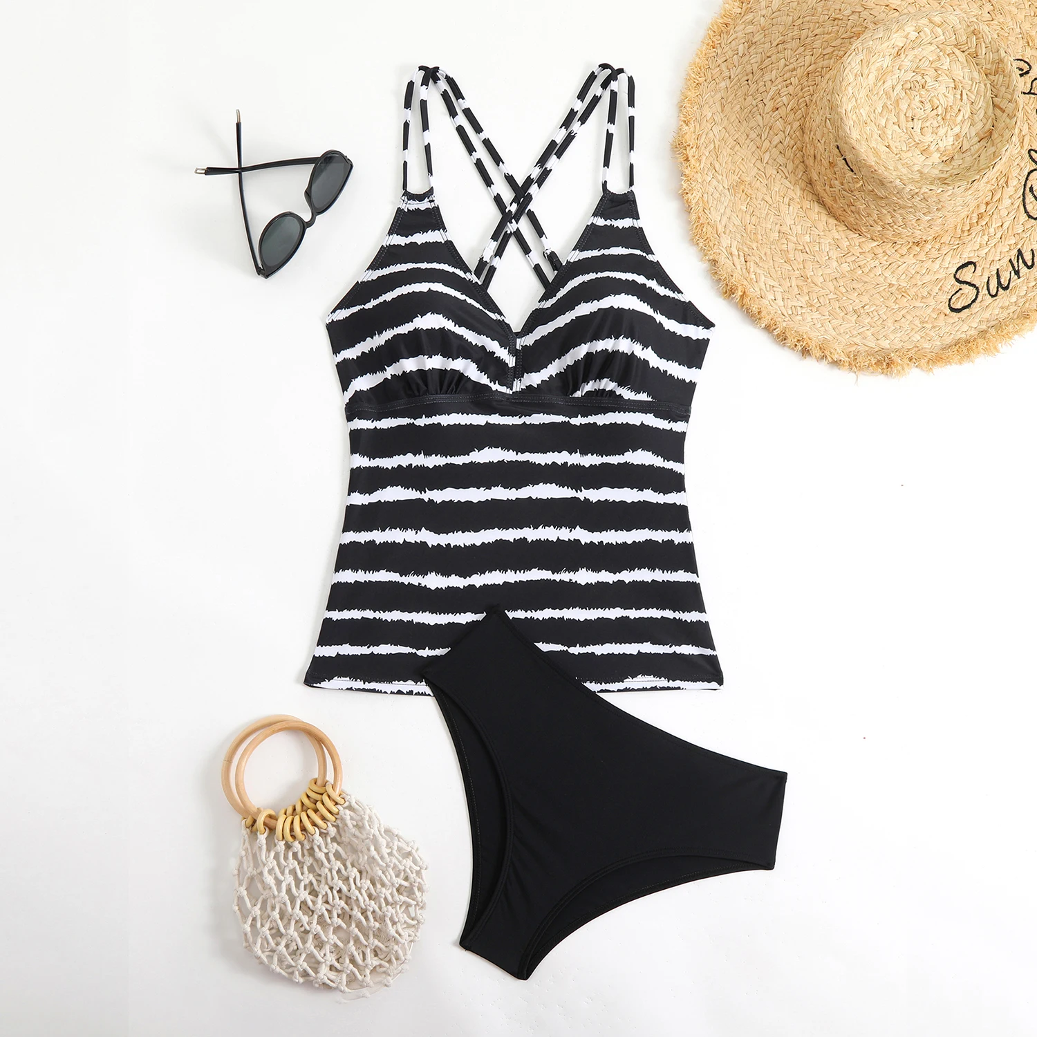 2026 Strappy Tankini Set Two Pieces Swimsuit Women Striped Swimwear Female Bathers Bathing Swimming Swim Suit Beachwear XXL image 4