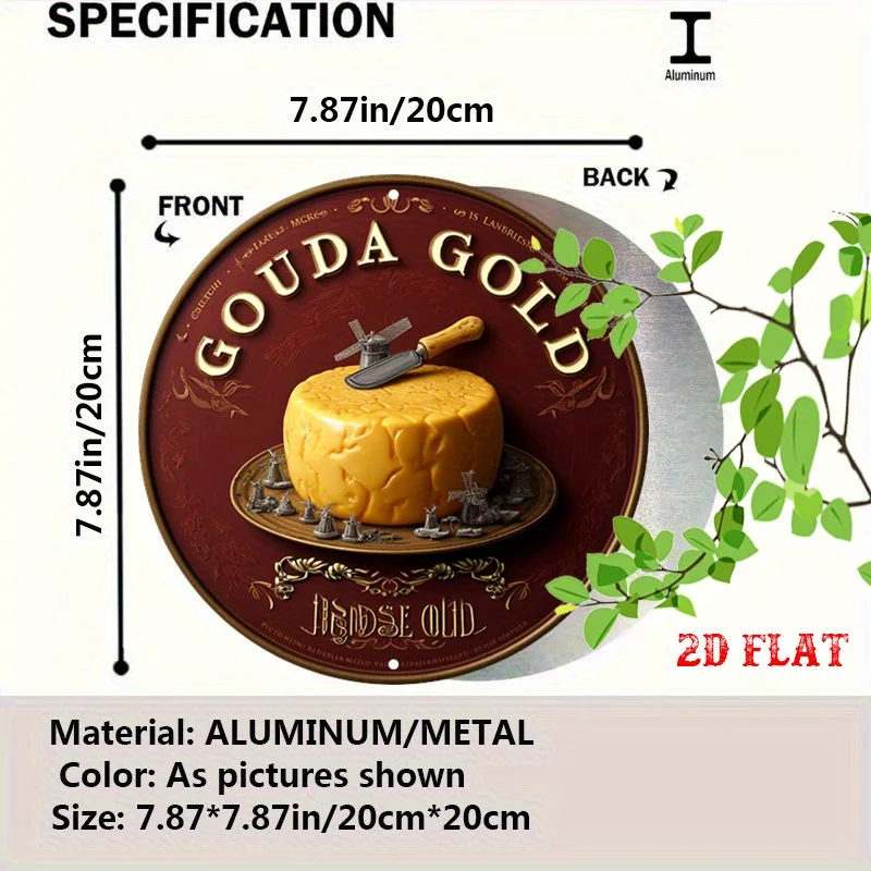 2D Flat, 1pc 1pcs Retro Cheese Wedge Gouda Sign - Round Dutch-Themed Aluminum Wall Art Suitable for Home, Garage