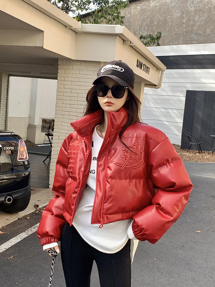 

Red Letter Embroidered down Cotton Jaet ort Sle Small Size Women's Winter Coat Bread Stand Collar Thiened Cotton Oute...