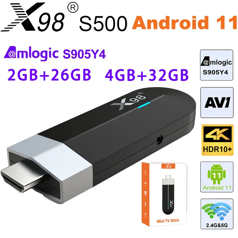 X98 S500 4K TV Stick Android 11 Set Top Box Amlogic S905Y4 Quad Core 60fps 2.4G/5G Wifi BT Dongle 4G 32G AV1 HD Media Player