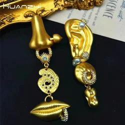 HUANZHI Golden Color Facial Nose Mouth Ear Expressions Big Vintage Drop Earrings for Women Heavry Metal Exaggerated Jewelry New