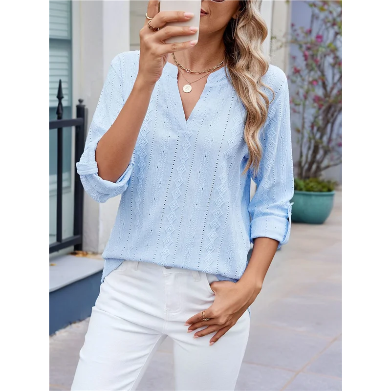 

【SEE】Womens V Neck Casual Hollow Out Eyelet Embroidered Blouses Shirts Beach Cover Up Tops Dressy