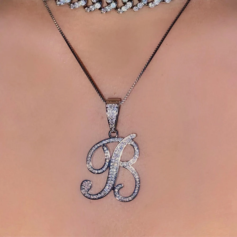 26 Letters Necklace Micropaved Crystal Cursive Letter Pendant Necklace For Women Big Alphabet Chain On The Neck Choker Jewellery