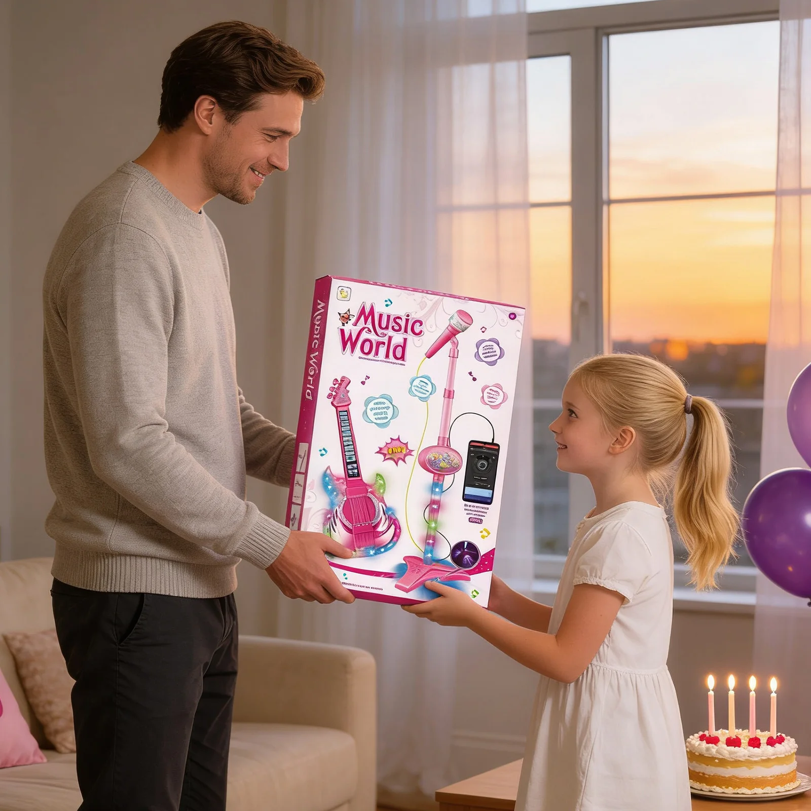 جيتار وردي ميكروفون واحد 2 في 1 لعبة تفاعلية لأداء الأطفال أضواء ملونة ألعاب الآلات الموسيقية #3