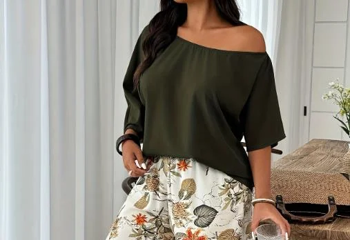 

Two Piece Set Women Outfit 2025 Spring Summer New Solid Color Slanted Collar Short Sleeve Shirt & Plant Print Wide Leg Pants Set