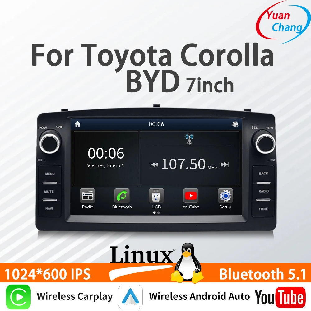 

Подходит для Toyota Corolla BYD 7-дюймовый новый Linux автомобильный стерео беспроводной CarPlay Android Auto FM DSP Bluetooth мультимедийный плеер