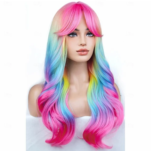 Imagen 2 del producto HAIRJOY-pelucas de pelo sintético ombré de arcoíris para mujer, peluca larga ondulada con flequillo, disfraz ombré colorido, pelucas rizadas