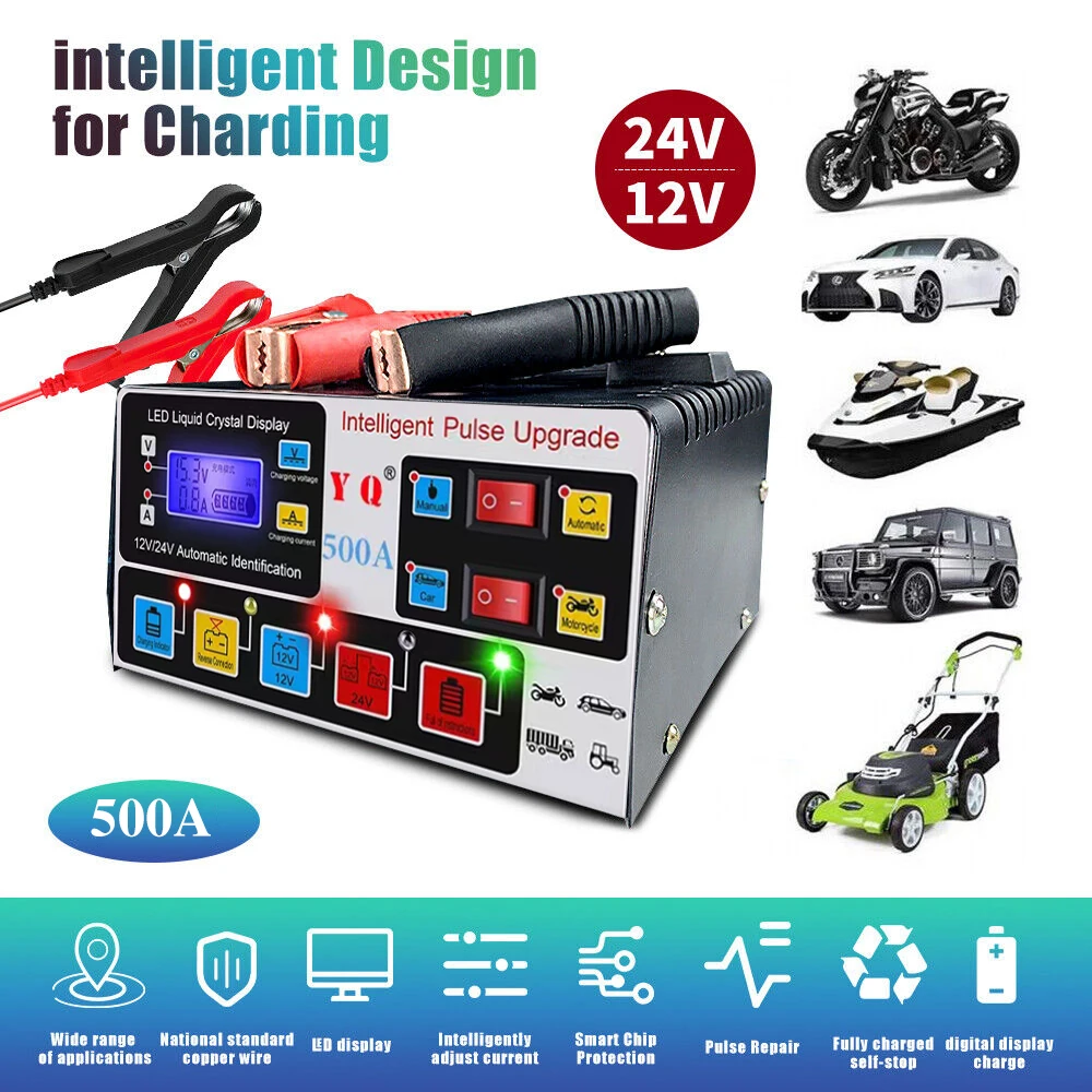 500A High-Power Car Battery Charger 12/24V Intelligent Pulse Repair LCD Digital Display Full-Automatic Self-Stop Battery Charger