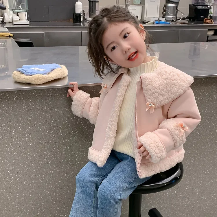 

Уютная розовая куртка для девочек, милый дизайн с большим воротником, теплое осенне-зимнее пальто для малышей, стильная детская модная повседневная верхняя одежда