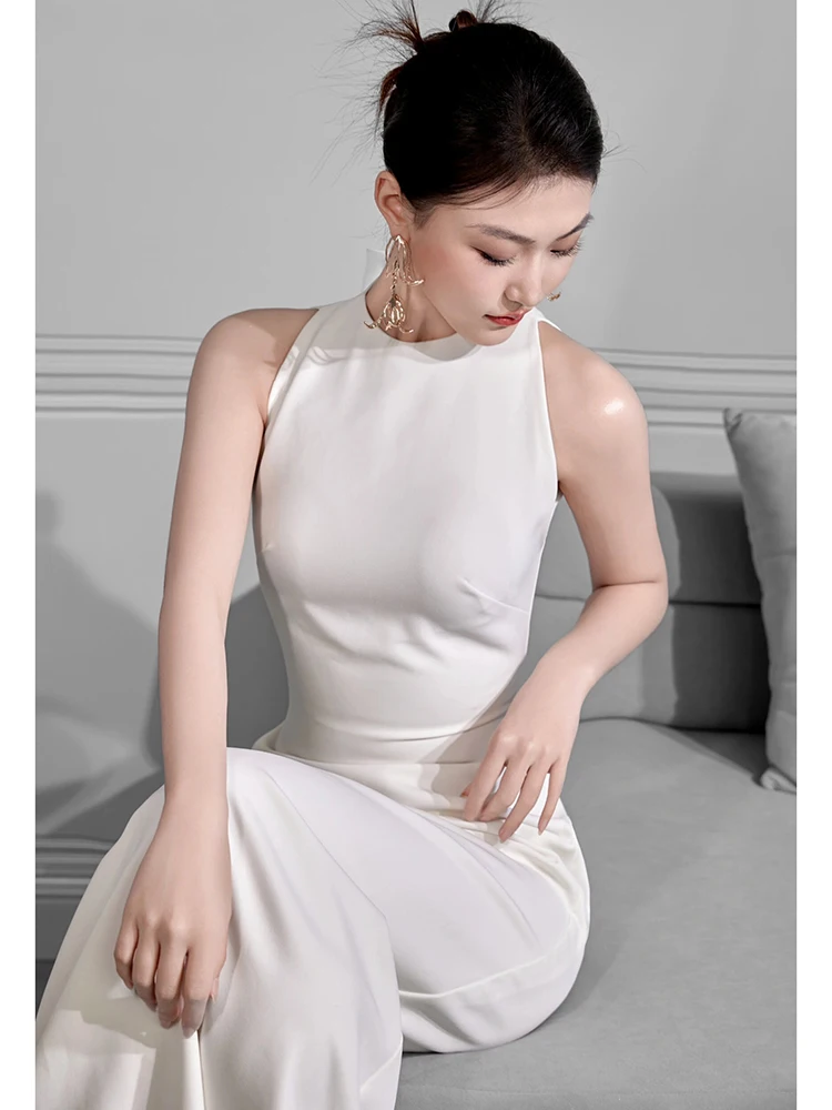 White Satin Evening Dress Simple and Generous Bride Welcome High-End Banquet Graduation Host Light Dress Summer