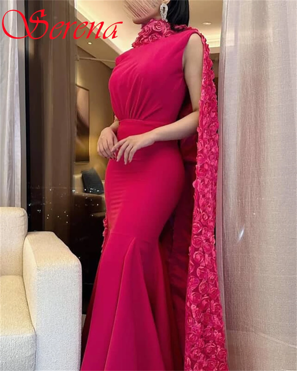 Customized Delicate pink Jersey Evening Dress Exquisite Crew Neck Sleeveless Shawl Party Dress Classic Zipper Back Prom Dress