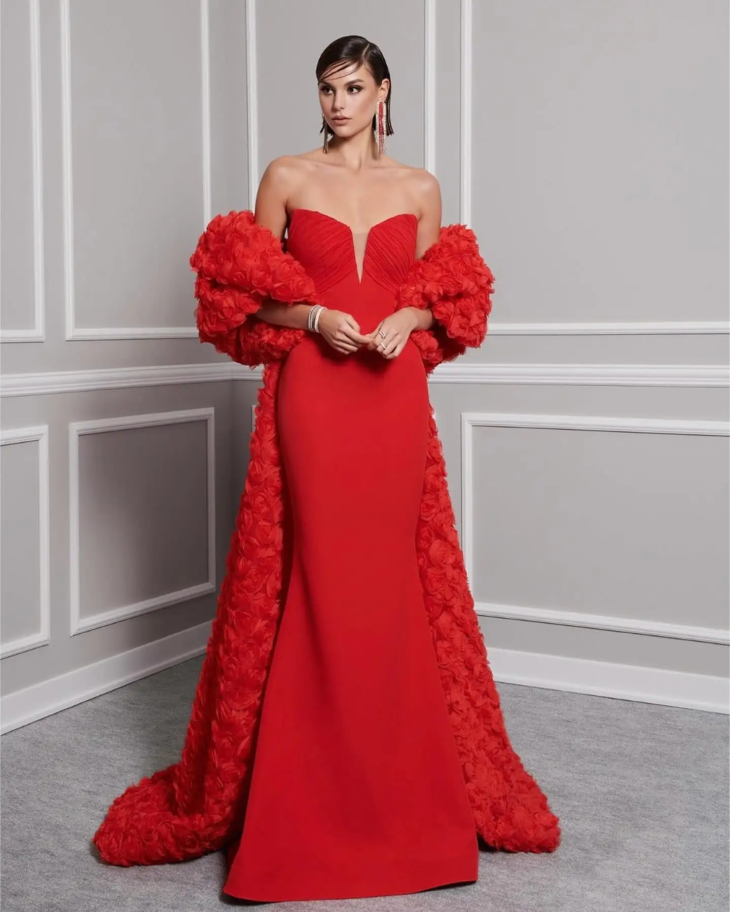 Customized Exquisite Jersey Mermaid Detachable Sleeve Appliques Evening Dress Strapless Floor Length Panel Train Red Delicate