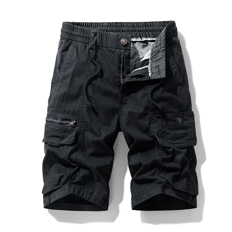 Summer Solid Cargo Shorts Men Loose Casual Cotton Multi Pocket Loose Knee Length Trousers Male Jogger Sports Zipper Fly Shorts