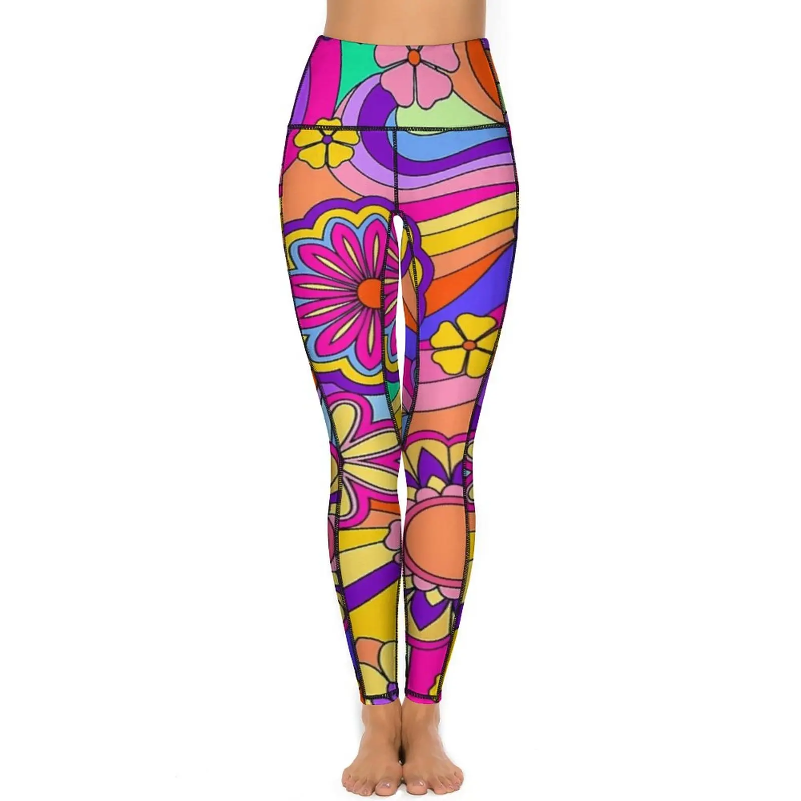 Pantalon de yoga inspiré de Flower Power avec poches, leggings rétro Hippy Groovy, collants de sport taille haute sexy, leggings de fitness élastiques