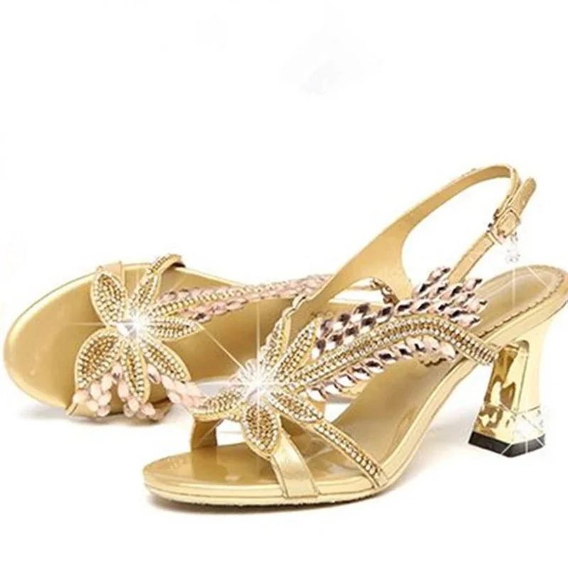 Summer Fashion Women Comfortable High Heels Sandals Elegant Butterfly Rhinestone Ladies Gladiator Party Thick Heel Shoes