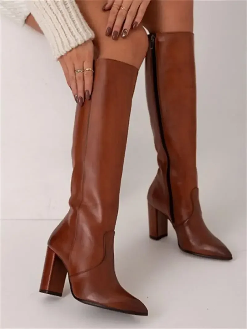 Women Knee High Boots 2024 Winter Pointed Toe Boots Fashion Lady High Heels Shoes Zipper Western Cowgirl Tall Boots Botas Mujer